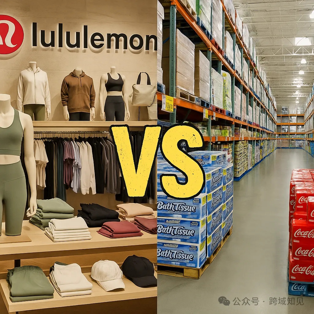 Lululemon boutique store interior contrasted with Costco's vast warehouse shelving —the 'dupe culture' clash